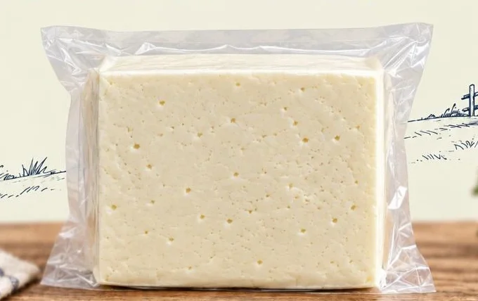Bloque de queso semi ALANDESA empacado al vacío sobre una mesa de madera